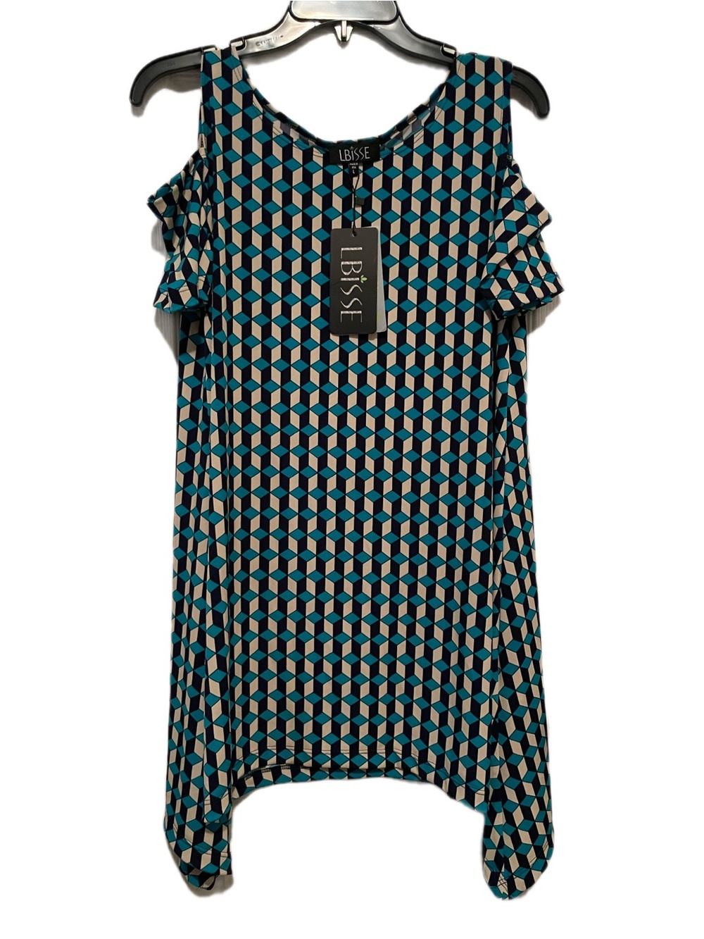 LBISSE Geometric Print Shift Dress in Teal, Navy & Cream